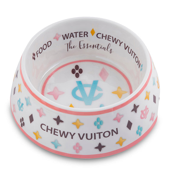 White Chewy Vuiton Dog Bowls