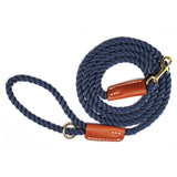 Navy Blue Cotton Rope & Leather Leash